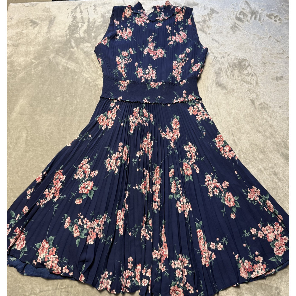 Nanette Lepore Cocktail Dress Navy Pink Floral Pleated Smocked Waist Size 12 - Picture 2 of 9